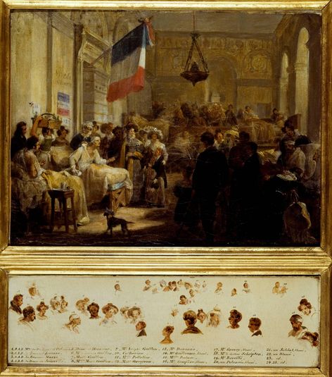 La reine Marie-Amélie, accompagnée de Madame Adélaide, des princesses Louise et Marie et du prince de Joinville, visite les blessés de Juillet à l'ambulance de la Bourse, sous la conduite du docteur Guillon, le 25 août 1830