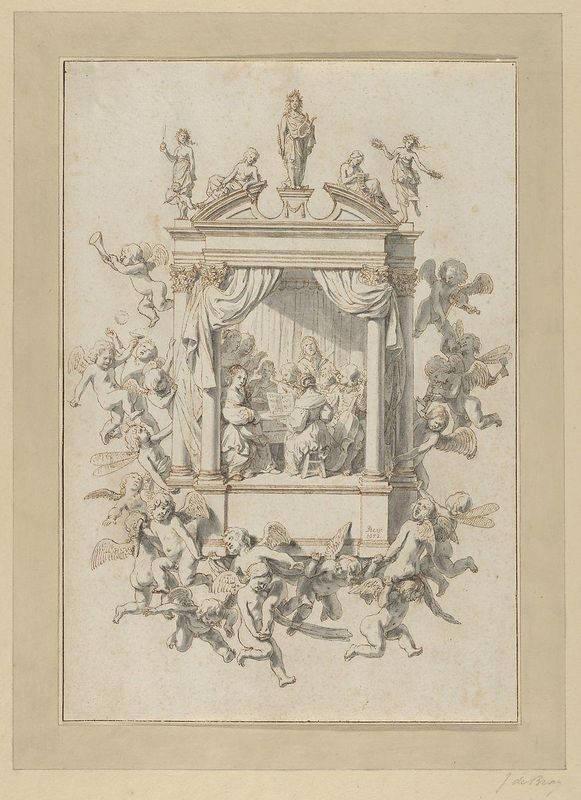 A Group of Men and Women Playing Chamber Music Within a Portico, Surmounted by Statues of Apollo and Female Figures, and Surrounded by Putti