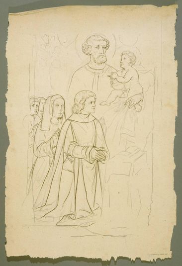 Projet pour un panneau de vitrail religieux : Saint-Joseph et l'Enfant Jésus parmi une famille en prière