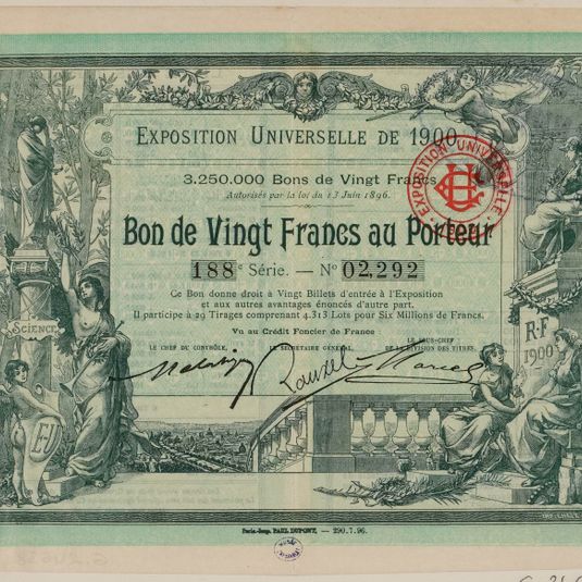Bon de Vingt Francs au Porteur. Exposition universelle de 1900.