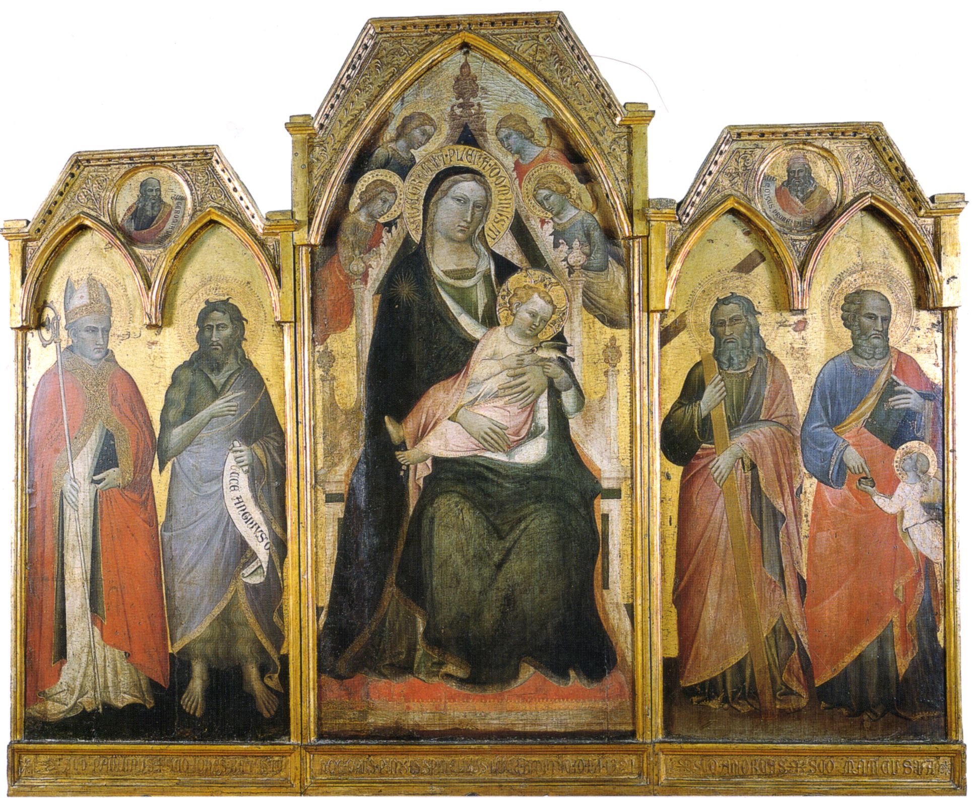 Triptych of Madonna enthroned with child and saints