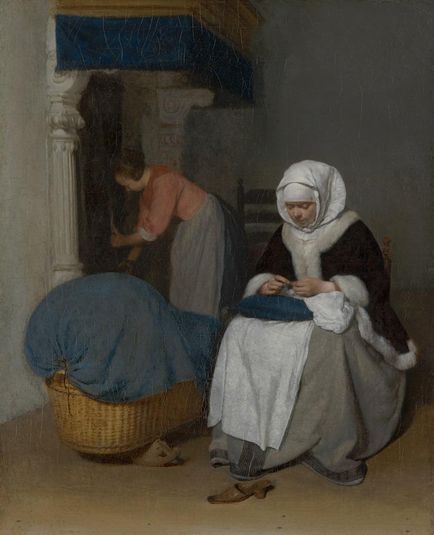 Woman Sewing beside a Cradle