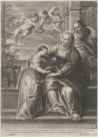 The education of the Virgin, with Saint Anne and the Virgin Mary reading with two putti overhead and Saint Joachim behind them at right