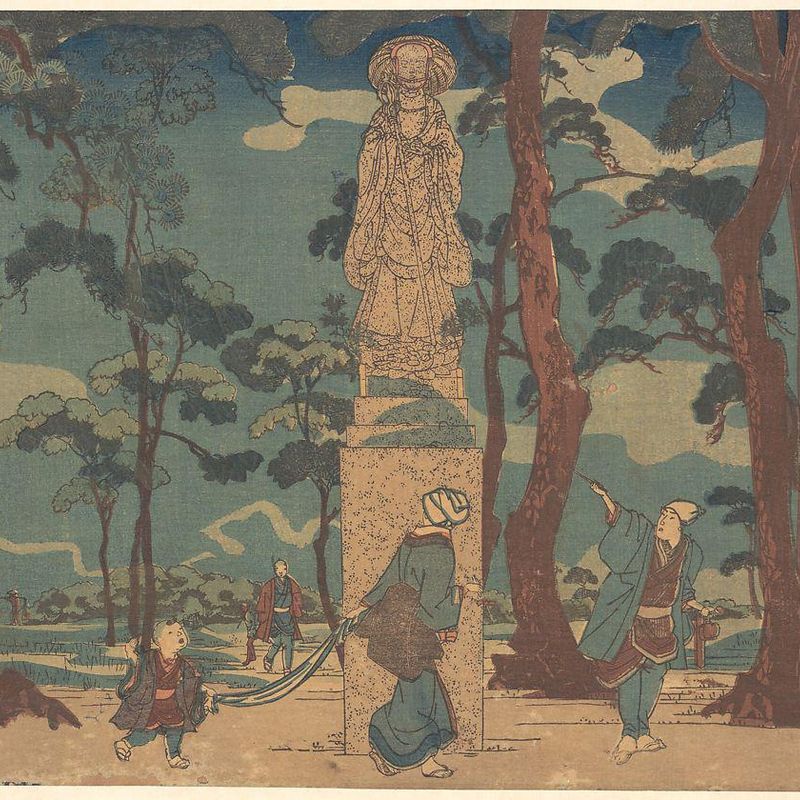 Wayfarers Looking at the Statue of Jizo Bosatsu in a Pine Grove at Hashiba