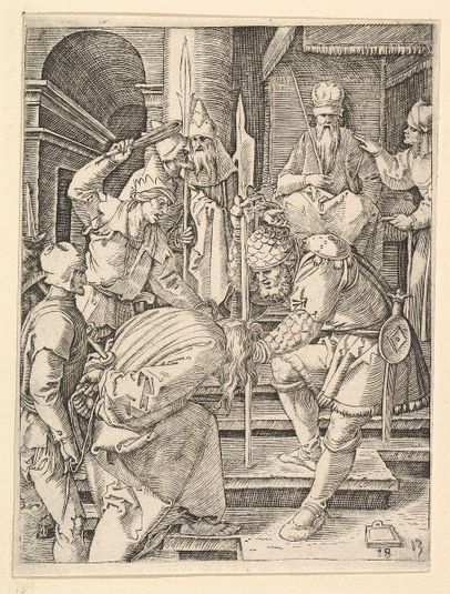 Christ captured and being dragged by hair up steps before the throne of the high priest Annas, after Dürer