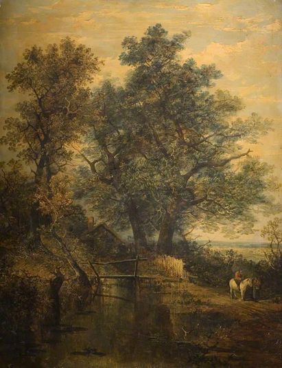A Stream, Bridge, Trees and Two Figures in a Landscape
