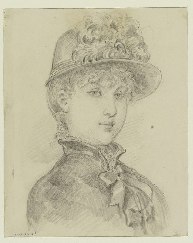 Portrait de femme de trois-quarts avec petit chapeau de plumes et veste à col haut et noeuds sur le devant, Fonds d’archives graphiques de Maurice Leloir