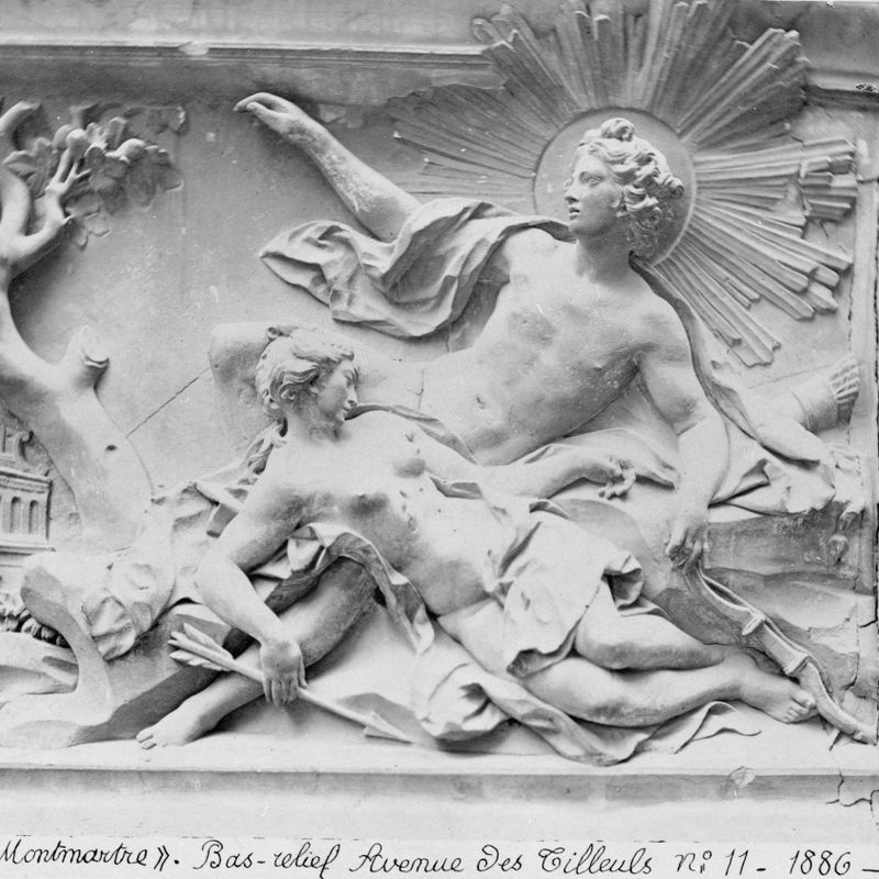 Histoire d'Apollon et de Coronis, bas-relief, détail, 11 avenue des Tilleuls, Montmartre, 18ème arrondissement, Paris. 1886