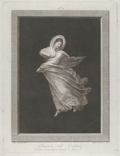 A bacchante wearing a flowing drapery, looking down, right arm bent and left arm outstretched, set against a black background inside a rectangular frame