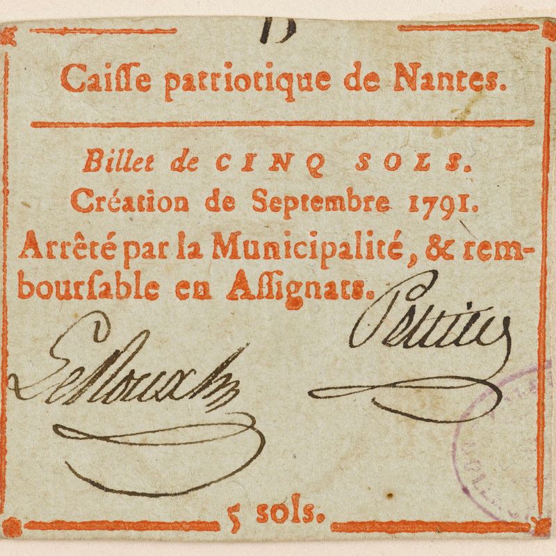 Billet de 5 sols, caisse patriotique de Nantes, D, septembre 1791
