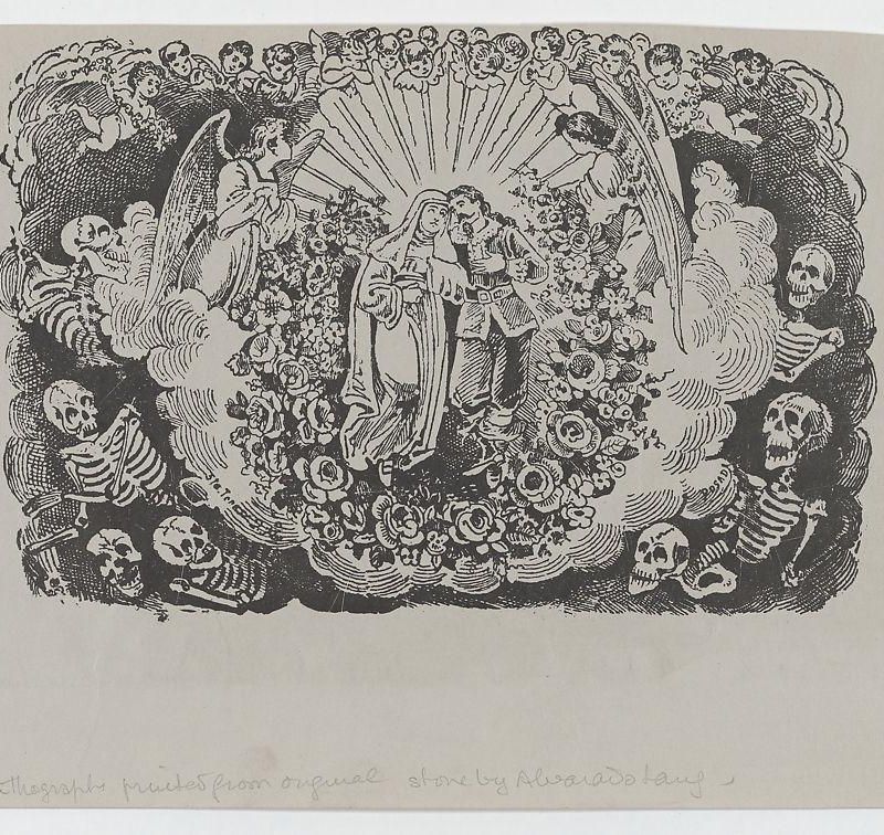 A female saint standing with a cavalier and surrounded by angels and skeletons