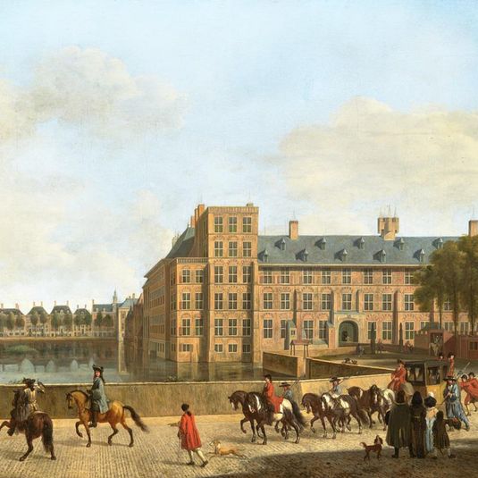 Een jachtstoet bij de Hofvijver in Den Haag, gezien vanaf het Buitenhof
