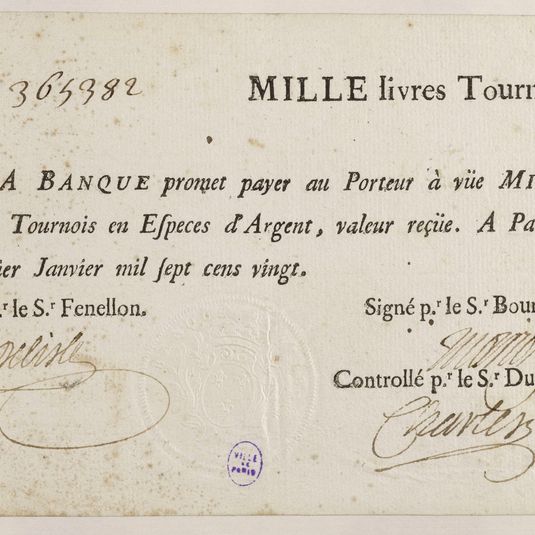 Billet de 1000 livres tournois, Banque de Law, n° 365382, 1er janvier 1720
