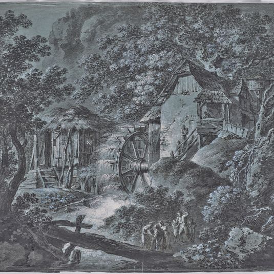 Mühle in Waldlandschaft mit mehreren Personen und einem Riesen