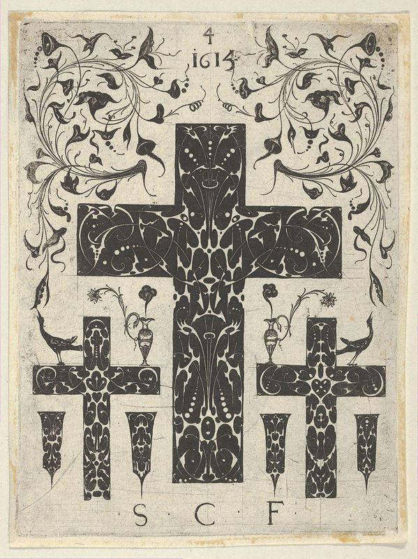 Blackwork Print with Three Crosses and Foliate Scrolls, from a Series of Blackwork Prints for Goldsmiths' Work