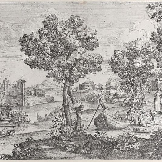 Landscape with a man holding a snake to a terrified child, watched by a fashionably dressed couple on the riverbank at right