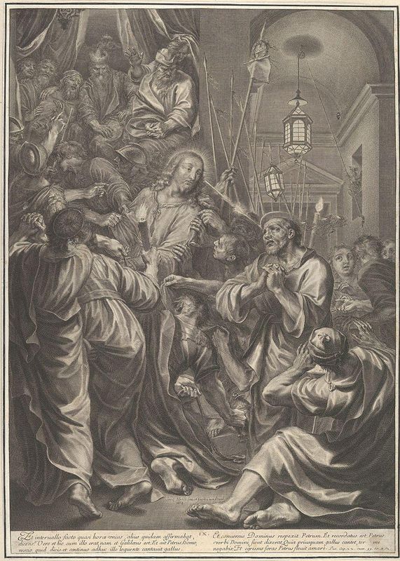 Christ Before Caiaphas looks to St. Peter, who Denies Him, from The Passion of Christ, plate 9