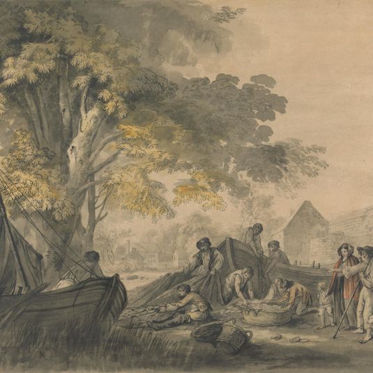 Boats, Fishermen and Peasents near a Weir