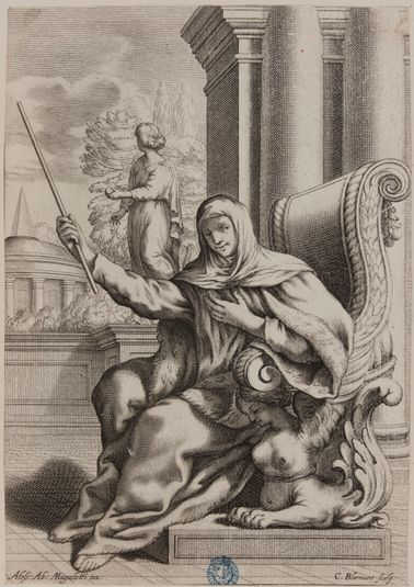 Femme assise sur un siège posté sur une chimère ailée d'après Alessandro Magalotti (Dutuit p. 40, note in fine)