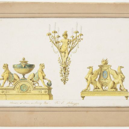 Design for Two Andirons and Sconce of Gilt Bronze