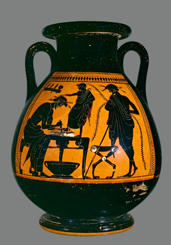 Attic black-figure pottery pelike depicting a scene of daily life