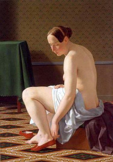 Nude Woman Putting On Her Slippers