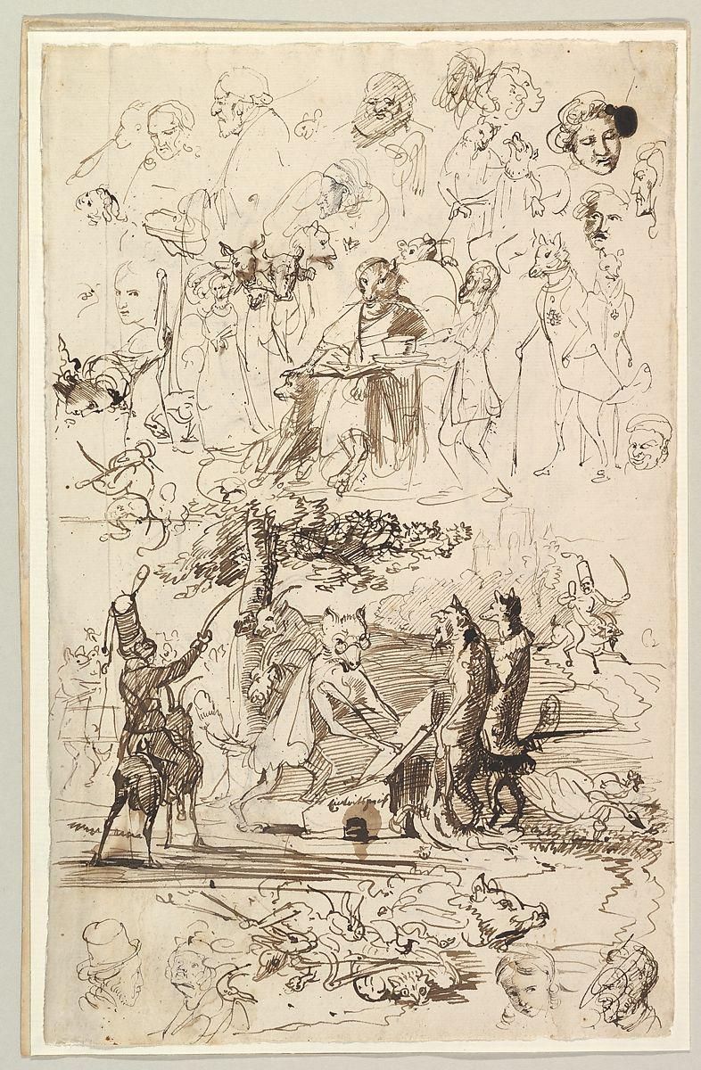 Sheet of Studies, Including for Reineke Fuchs; verso: Studies of Soldiers and of a Battle in a Wood