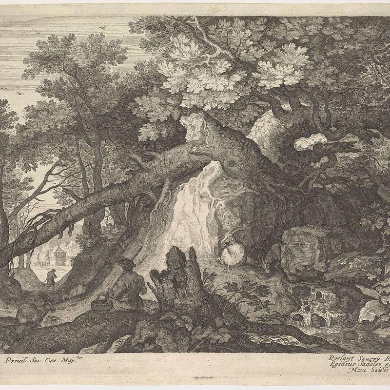 A man holding a staff and seated on a tree trunk; with two goats to either side; surrounded by downed trees, foliage, and a stream; from a series of six landscapes after Roelandt Savery