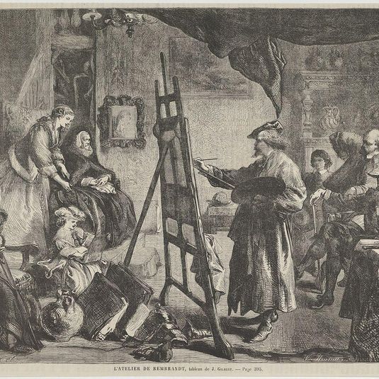 L'Atelier de Rembrandt, tableau de J. Gilbert (Rembrandt's Studio, a painting by J. Gilbert), from "L'Univers Illustré," p. 395