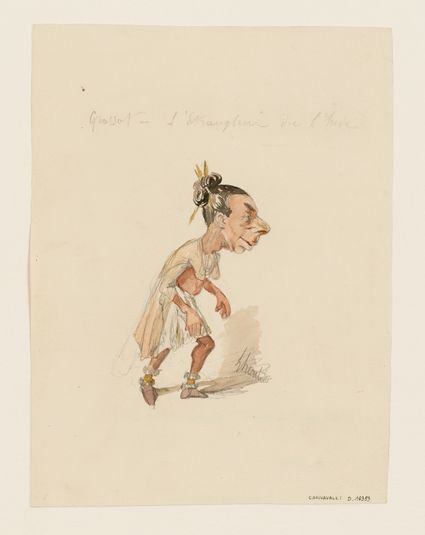 Portrait charge de Grassot dans le rôle de l'étrangleur dans "En avant les Chinois", en 1858 au Théâtre du Palais-Royal.