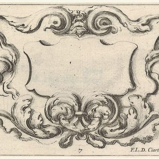 Plate 7: a cartouche with the mask of an ogre at top center, scrollwork to either side, from 'Twelve cartouches' (Recueil de douze cartouches)
