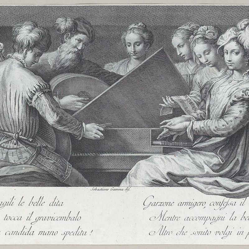 A group of elegantly dressed people playing the piano and other instruments