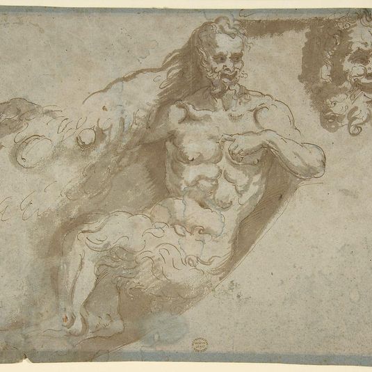 Seated satyr, with enlarged head of same (recto); head of a woman (verso)