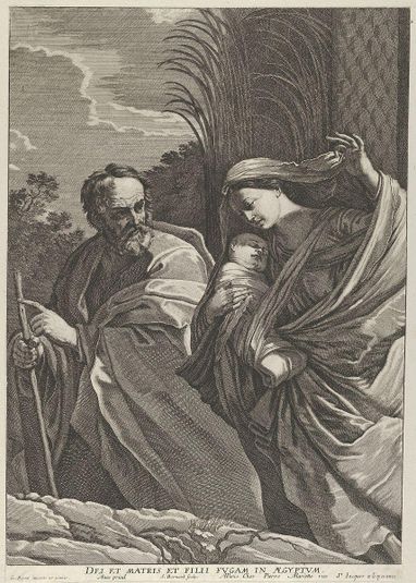 The Flight into Egypt; the Virgin carrying the infant Christ, Joseph pointing to the left, trees behind them, after Reni