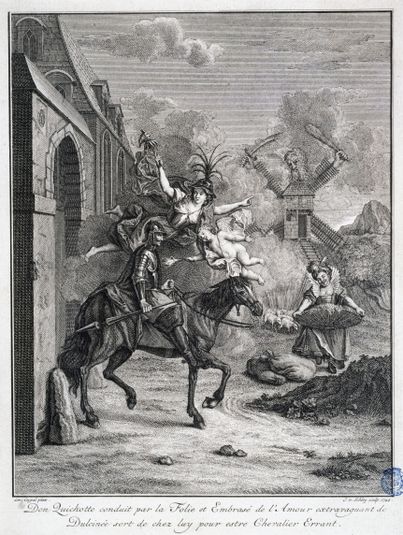 Histoire de Don Quichotte d'après Charles Antoine Coypel - Don Quichotte conduit par la folie sort de chez lui pour être chevalier errant (Premier numéro d'une suite de 31 pièces)