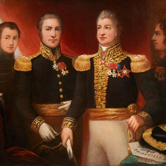 Le général Léopold Hugo avec deux de ses frères et son fils Abel en uniforme de la Restauration
