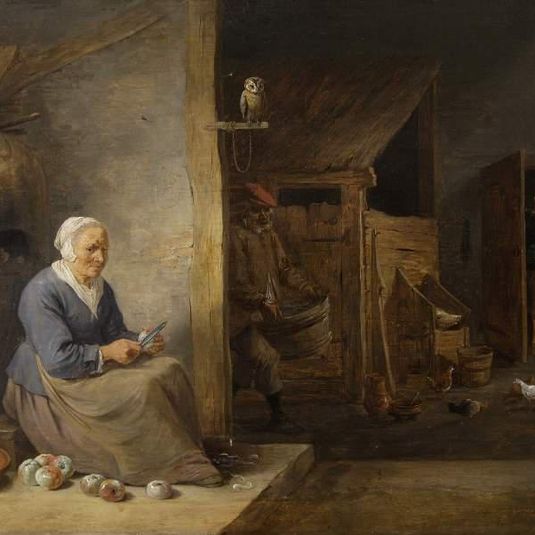 Interior, with an old woman peeling apples