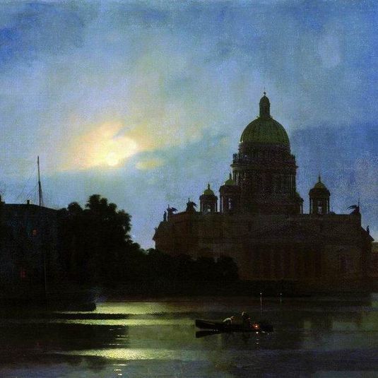 View of the Isaac Cathedral at Moonlight Night