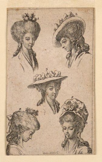 Five Headgears, as Worn by Berlin Women, Illustration for "Königl: Grosbrit [anische] Genealogischer Kalender auf das 1783 Jahr Lauenberg bey J.G. Berenberg"