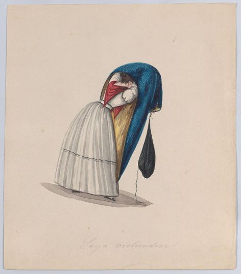 A woman getting into her saya viewed from behind, from a group of drawings depicting Peruvian costume