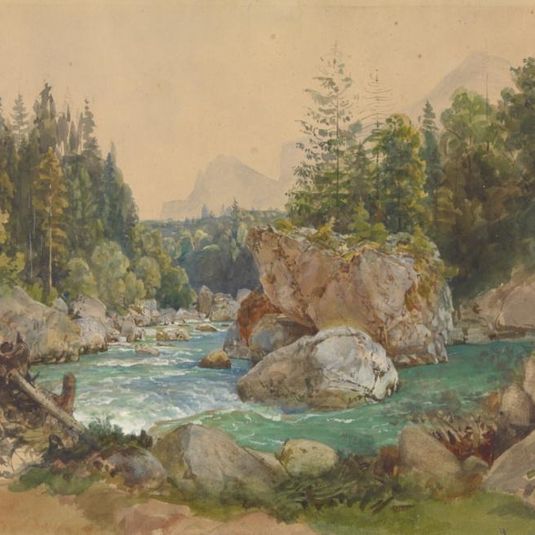 Wooded River Landscape in the Alps