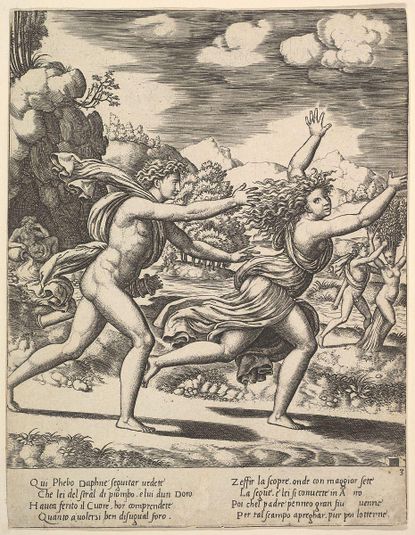 Apollo chasing Daphne who throws her arms up, in the background at right shows the moment she turns in a laurel, from The Story of Apollo and Daphne