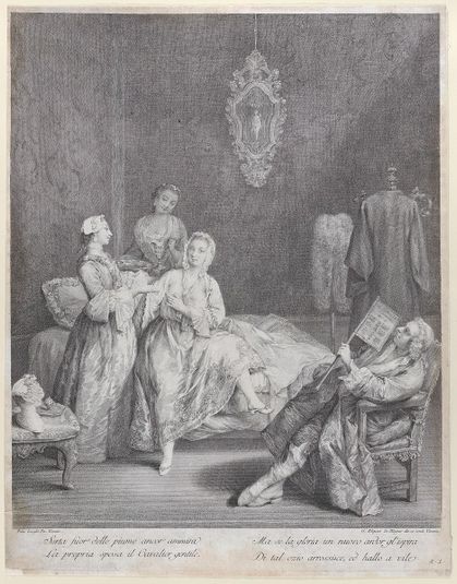 A woman getting out of bed in an elegant interior, with two servants about to help her get dressed, while her husband sits in an armchair at right