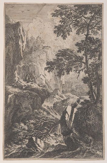 Plate 2: a hunter aiming with his gun, kneeling next to a large rock at right, a male figure with three chamois on a rock at left, from 'Landscapes in the manner of Salvator Rosa' (Die Landschaften in Sal. Rosa's)