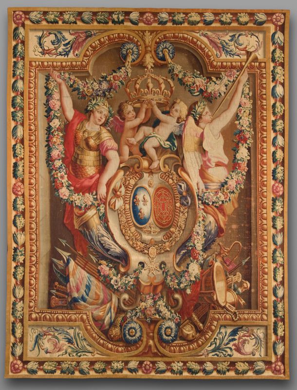 Tapestry showing Figures Representing Victory and Fame with the Royal Coats of Arms of France and Navarre