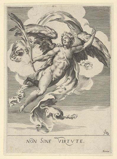 Winged angel holding a palm in his right hand and with drapery behind him