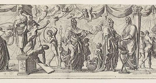 Frieze-like composition of figures walking alongside draped curtains: at left satyrs and children bear a statue of Bacchus on a litter behind an old man (Silenus?), at center two robed satyrs approach a priest, at right Apollo lifts a cup next to satyrs seated at a round table