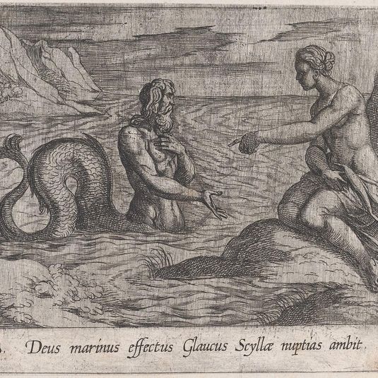 Plate 130: Scylla and Glaucus (Deus marinus effectus Glaucus Scyllae nuptias ambit), from Ovid's 'Metamorphoses'
