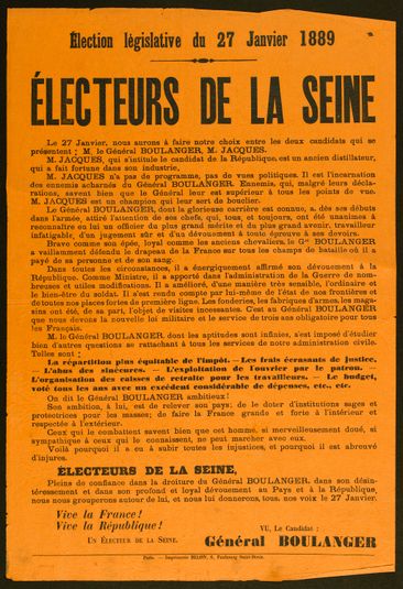 Election législative du 27 Janvier 1889/ ELECTEURS DE LA SEINE/ Le 27 Janvier, nous aurons à faire notre choix entre les deux candidats qui se/ présentent/ M. le Général BOULANGER, M. JACQUES.