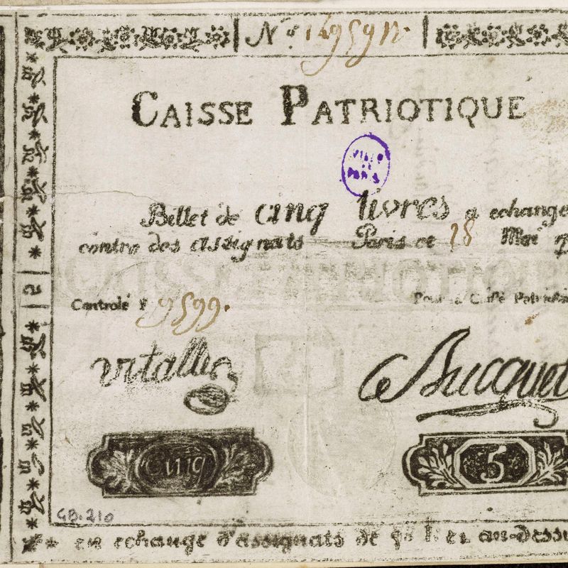 Billet de 5 livres, caisse patriotique du 28 mai 1791, n° 1495912, F° 9599, 28 mai 1791